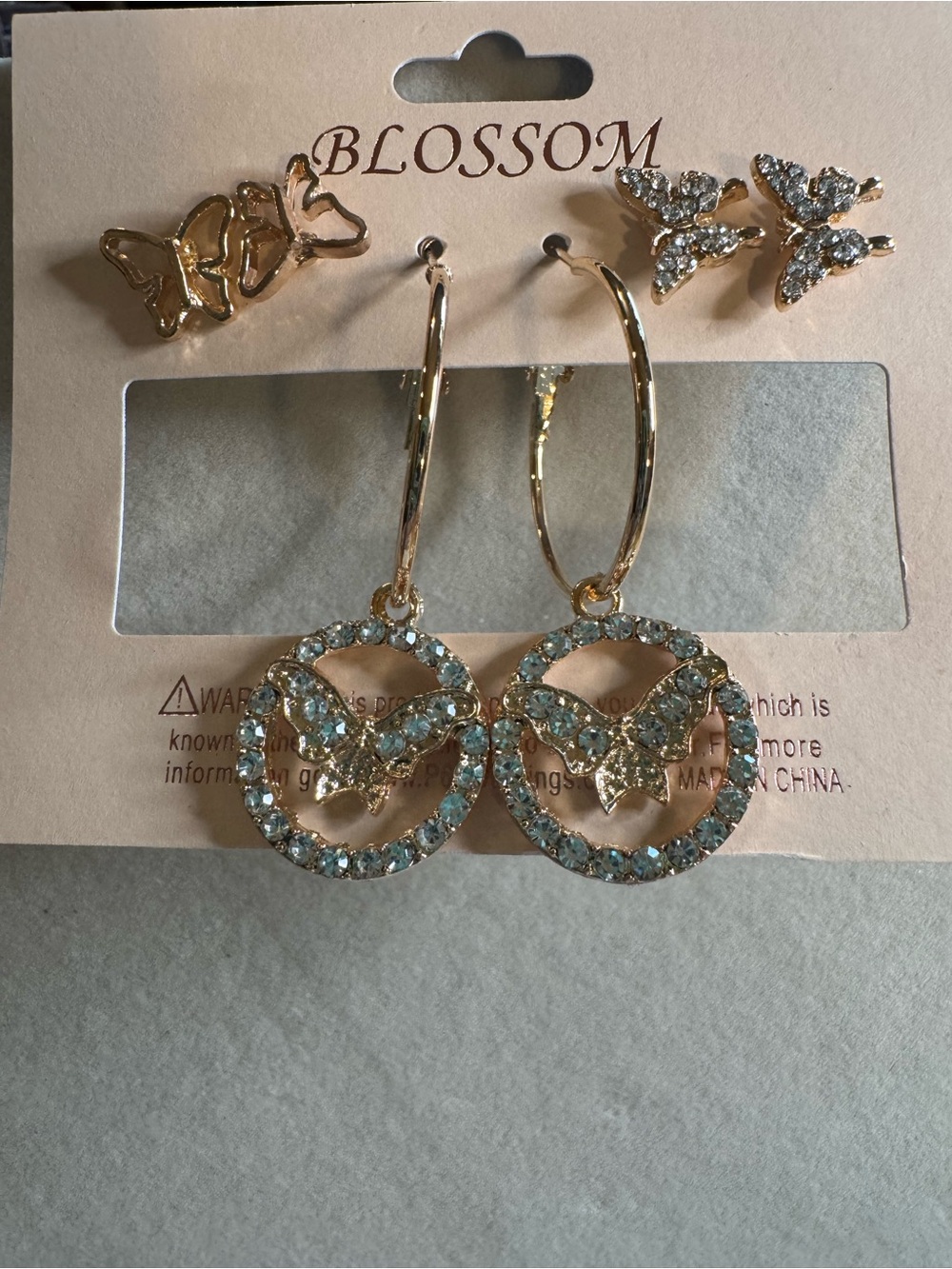 NWT Blossom 3pk Butterfly Earrings with Crystal Accents - Gold tone